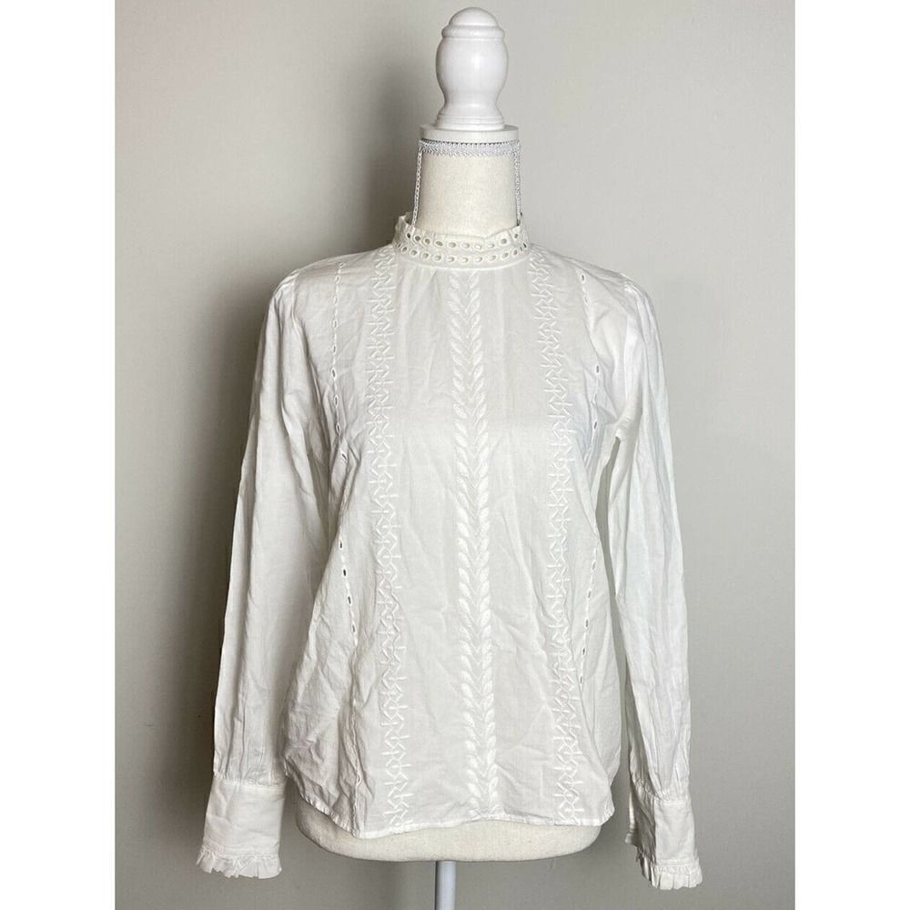 Ann Taylor LOFT Shirt Sz XS Ivory Long Sleeve Blouse Eyelet Lace Mock Neck FLAWS